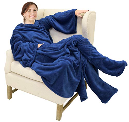 Catalonia Wearable Blanket with Sleeves & Foot Pocket for Adults - color: Navy, size: Fleece