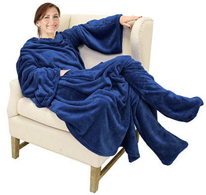 Catalonia Wearable Blanket with Sleeves & Foot Pocket for Adults - color: Navy, size: Fleece