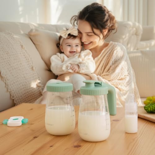 Momcozy Glass Breast Milk Pitcher with Flat and Handle Lid, 2pc, 32oz Each - color: Green, size: 32 Ounce-2 Count