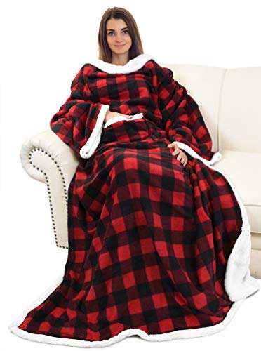 Catalonia Sherpa Wearable Blanket with Sleeves and Pocket for Adults - color: Red Checker, size: Standard Pocket