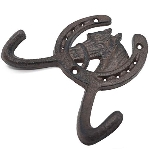 TIHOOD Cast Iron Horse Head 2 Hook Coat Rack - Rustic Ranch Style, Wall Mounted Towel Hooks