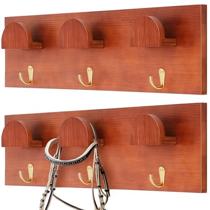 Teenyyou 2 Pcs Wooden Bridle Rack Wall Mount, Vintage Horse Tack Hooks
