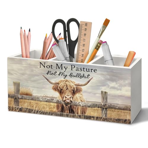 Highland Cow Pen Holder Organizer for Desk Accessories, Farmhouse Western Animal Wooden Box Sign Desk Decorations for Office School, Highland Cow Gifts for Women - color: Cow-2, size: 2.5"D x 7.8"W x 3.5"H