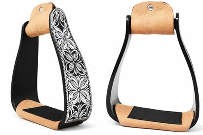 CHALLENGER Horse 5" Black Aluminum Engraved Slanted Offset Western Horse Saddle Stirrups 51220