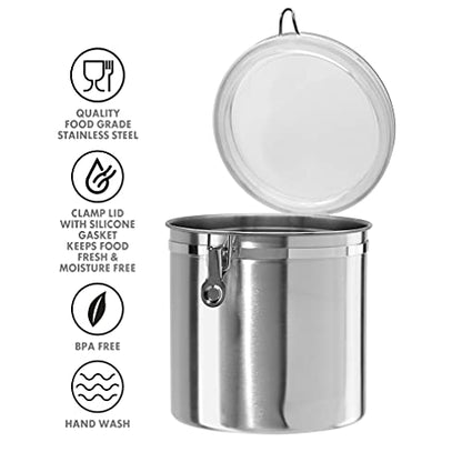 Oggi Stainless Steel Kitchen Canister 152oz + Oggi Jumbo 8" Stainless Steel Flour Clamp Canister - color: Stainless Steel, size: 152 Fluid Ounces, style: Airtight Canister + Storage Container
