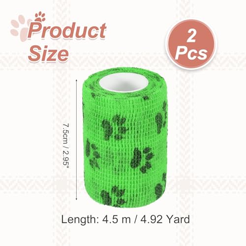 Pet Wrap Bandages, 3 Inch 5 Yard Self Adhesive Bandage Wrap, Pet Non-Woven Tape First Aid Cohesive Gauze, (Emerald Green/Paw, 2 Pcs), Intended for Dog/Cat/Bird/Legs/Paws/Wound - color: Emerald Green, size: 3 inch