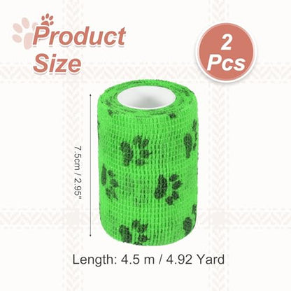 Pet Wrap Bandages, 3 Inch 5 Yard Self Adhesive Bandage Wrap, Pet Non-Woven Tape First Aid Cohesive Gauze, (Emerald Green/Paw, 2 Pcs), Intended for Dog/Cat/Bird/Legs/Paws/Wound - color: Emerald Green, size: 3 inch