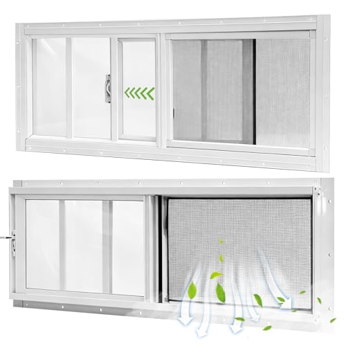 Yuzzy Shed Windows 2 Pack, 10"x35" Sliding Windows Transom Window with Tempered Glass and Removable Fiberglass Screen for Shed, Chicken Coop, Playhouse, Household, Garage, Barns (White) - color: White, size: 10"x35"
