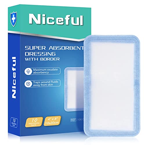 Niceful Super Absorbent Wound Dressing 4" x 8" (10 Pcs) – Sterile Non Stick Gauze Pads for Wound Care, Heavy Exudate Large Bandages for Pressure Ulcers, Bedsores, Diabetic Foot Ulcers - size: 4"x8"(10PCS)