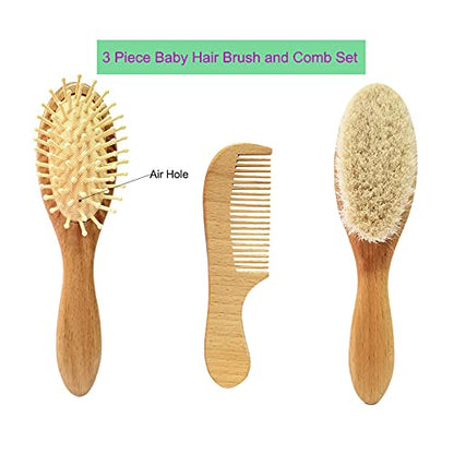3 Piece Baby Hair Brush and Comb Set | Natural Wooden Hairbrush, Soft Goat Bristles, For Cradle Cap, Scalp Grooming Product - color: Walnut