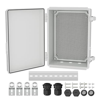 Joinfworld 14X10X6 Waterproof Junction Box Plastic Outdoor Weatherproof Box Nema 4 Enclosure Outdoor Electrical Control Box Weather Proof for WiFi Router Timer Marine | Weatherproof ABS box: insulation, vented, DIN rail, grid plate, 2 NPT3/4" glands, wall