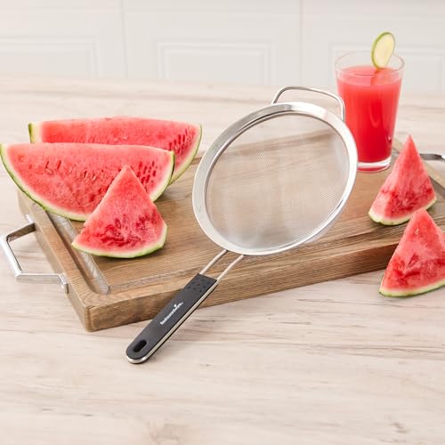Restaurantware Fine Mesh Strainer 1 Count 14.4" x 7" x 2.9" with Silicone Handle Stainless Steel Extra Fine Mesh Strainer Heat-Resistant Handle Dishwasher-Safe for Rice, Quinoa, Pasta - size: Standard, Extra Fine Mesh-7"