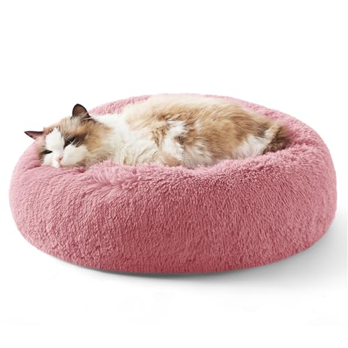 Bedsure Calming Cat Beds Donut Round Washable Kitten Bed,20 inches | Fluffy Faux Fur Cuddler,Anti-Slip Bottom,Anti-Anxiety,Deep Sleeping for Cats&Small Pets Up to 15 Lbs,Mauve Blush - color: Mauve Blush, size: 20"L x 20"W x 6"Th
