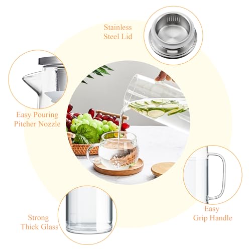 Hsei 2 Sets Glass Pitcher with Lid, 50 oz / 1500 ml Water Carafe with Handles Hot Cold Beverage Water Jar Glass Jug for Tea Juice Milk Coffee Iced Beverage - color: Stainless Steel Lid, size: 1.5l