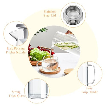 Hsei 2 Sets Glass Pitcher with Lid, 50 oz / 1500 ml Water Carafe with Handles Hot Cold Beverage Water Jar Glass Jug for Tea Juice Milk Coffee Iced Beverage - color: Stainless Steel Lid, size: 1.5l