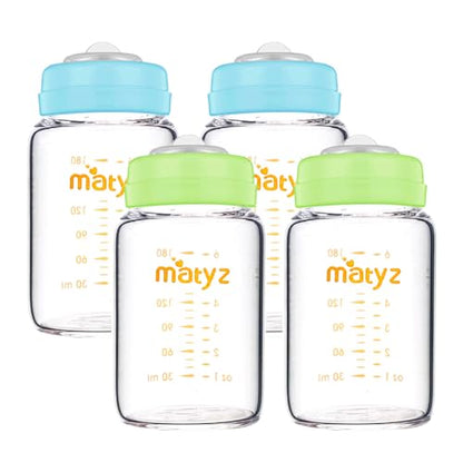 Matyz Glass Breastmilk Storage Containers, 4 Pack, 6 oz Bottle, Fit with Spectra Medela Avent Pump - Wide Mouth Breastmilk Collection and Storage Bottle with Lids - No BPA (2 Green & 2 Blue Lids) - color: [Pack of 4] 2 Green & 2 Blue Lids - 6 Ounce Clear