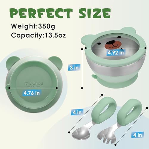 MR. CHOU Baby Suction Bowl Set with Spoon & Fork, Insulated Double-Layer 18/8 Stainless Steel Toddler Bowls with Silicone Suction Cup & BPA Free Airtight Lids, Green - color: Green-S