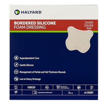 HALYARD Multi-Layer Bordered Silicone Foam Wound Dressing Sacral Bandage Gentle Adhesive Superabsorbent Core Conformable & Breathable Water Resistant Protective Film Backing, 7 Inches x 6.5 Inches - size: 7"x6.5"