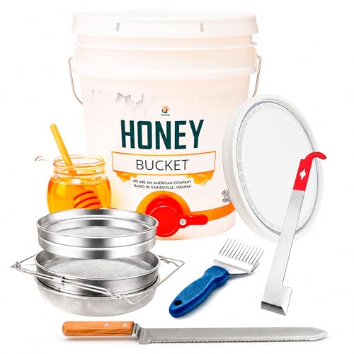 5 Gallon Honey Bucket Kit with Gate, Strainer and Scraper | 5 gallon honey processing kit with gate, double-layer stainless steel strainer and scraper for filtering and bottling.