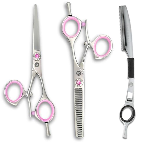 Saki Shears Sakura 5.5" Swivel Hair Cutting Scissors Set - Pink Cutting and Thinning Shears with Rotating Thumb - 440C Japanese Steel - color: Steel, size: Set of Swivel Shears