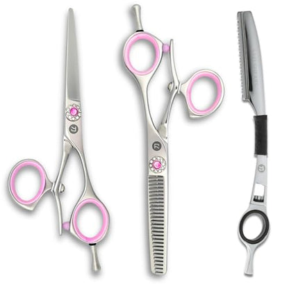 Saki Shears Sakura 5.5" Swivel Hair Cutting Scissors Set - Pink Cutting and Thinning Shears with Rotating Thumb - 440C Japanese Steel - color: Steel, size: Set of Swivel Shears