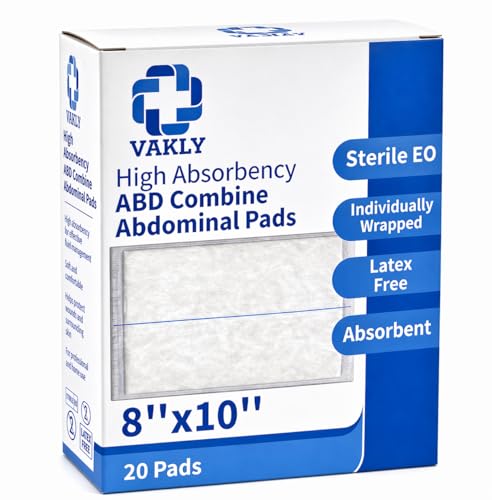 Vakly Sterile Abdominal ABD Combine Pads 8x10, High Absorbency Gauze, 20 Pk