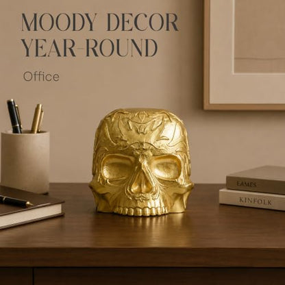 Gothic Skull Tissue Box Cover, Gold, Square by Death Decor - color: Gold