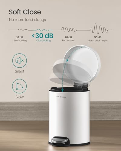 SONGMICS Bathroom Trash Can, Soft-Close, 1.6 Gallon (6 L), Stainless Steel - color: Cloud White