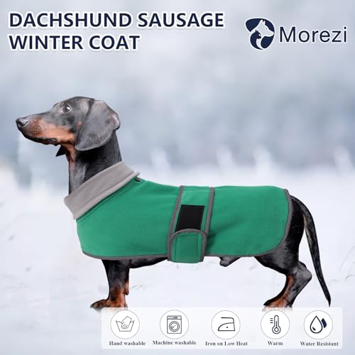 Dachshund Coats Sausage Dog Fleece Coat in Winter Miniature Dachshund Clothes with Hook and Loop Closure and high vis Reflective Trim Safety - Green - M - color: Green, size: Medium(Back: 17"-18"in)