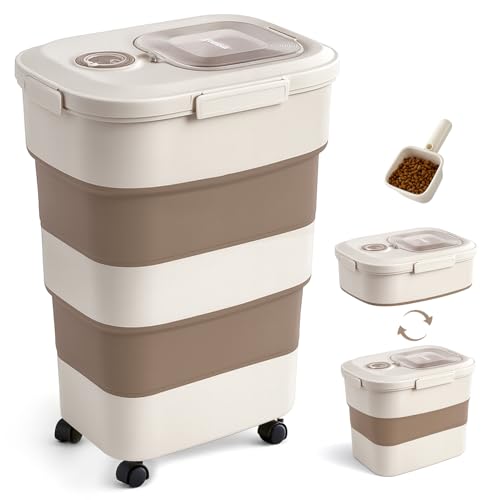 ZOMISIA 40-50lbs Collapsible Dog Food Storage Container with Wheels, Brown - color: Brown