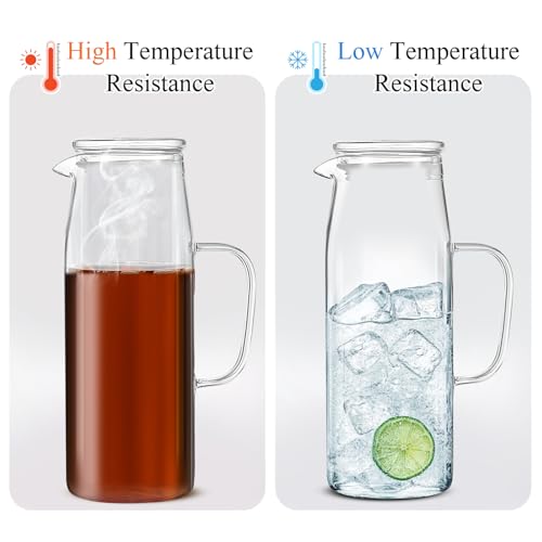Hsei 2 Sets Glass Pitcher with Lid, 67.6 oz / 2000 ml Water Carafe with Handles Hot Cold Beverage Water Jar Glass Jug for Tea Juice Milk Coffee Iced Beverage (Glass Lid) - color: Glass Lid, size: 2l