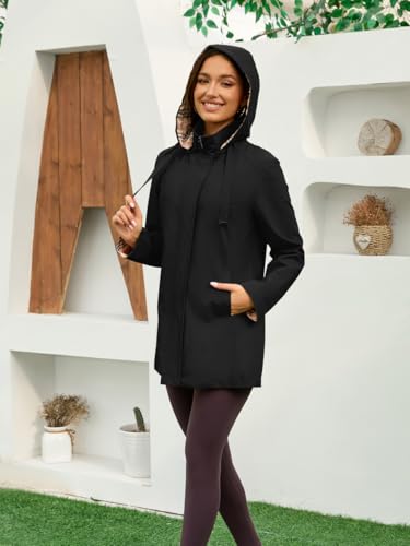Womens Long Hooded Rain Jacket Waterproof Outdoor Hiking Raincoat Windbreaker Lightweight Trench Coat - color: Black, size: X-Large