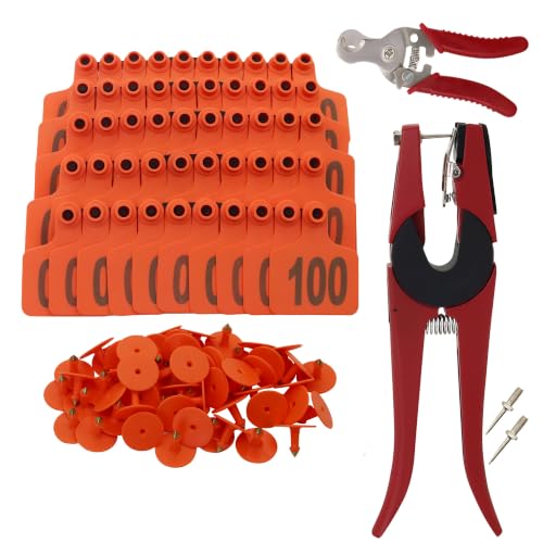 Cattle Ear Tags numberd 001-100 with Applicator Kit,Orange - color: Orange, size: 001-100 with Tagging & Removal Pliers Kit