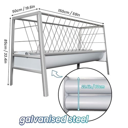 Goat Feeder 2 in 1 Hay Feeder System, 55 Gallon Goat Hay Feeder with 22 Gal Grain Pan, Heavy-Duty Livestock Hay Feeder for Pasture Use (Galvanizing, 1)