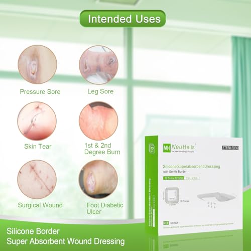 NeuHeils Silicone Super Absorbent Wound Dressing 5"x5", 10 Pack for Bedsore | Pressure Ulcers, Bedsores, Post-surgical Wounds and Cuts, Soft Gauze Island Dressing, Waterproof Bandage for Heavy Exudate - size: 5''x5'' (10 Packs)