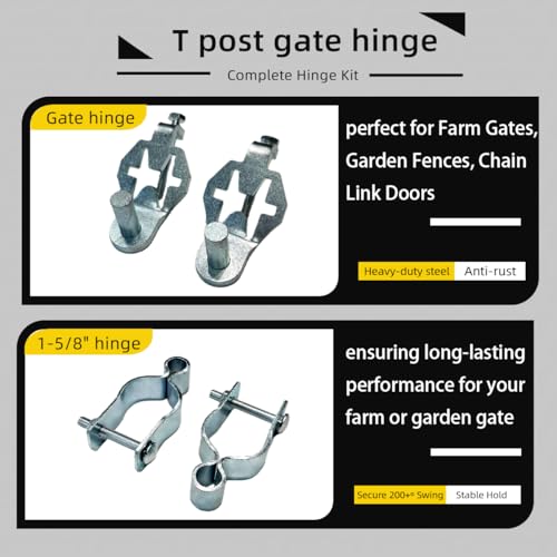 Heavy Duty T-Post Gate Hinge Kit, 1-5/8″Chain Link Fence Gate Post Hinge Pins, Galvanized Steel Easy Install Hardware for Farm, Garden, Backyard Gate