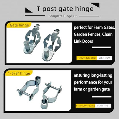 Heavy Duty T-Post Gate Hinge Kit, 1-5/8″Chain Link Fence Gate Post Hinge Pins, Galvanized Steel Easy Install Hardware for Farm, Garden, Backyard Gate
