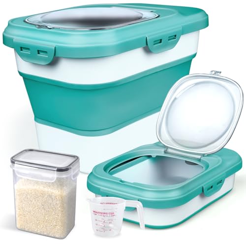 Komzon Rice Storage Container, Collapsible Airtight Food Storage Containers 6-20 Lbs, Rice Dispenser with Measuring Cup and Small Bin for Flour Cereal Pasta Grain, Cat Pet Dog Bird Food Container - size: 6-20 Lbs Green
