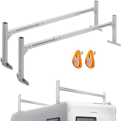 Trailer Ladder Rack, Adjustable Roof Rack for Open/Enclosed Trailers | 800 lb capacity. Painted frosted aluminum. 2 ratchet straps. Fits 5.7'-8.1' trailers. Height adjustable. Patent USD1011870S.