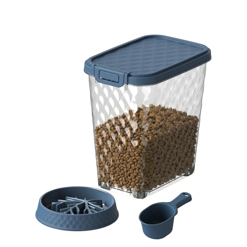Airtight Dog Food Storage Container, 30 lb | Attachable Wheels, Clear, With Scoop & Slow-Feeding Bowl, Easy to Move Clean Refill, Fit for Dog Cat Bird Food - color: Classic Transparent, size: 1
