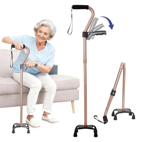 Stand Secure Cane with Stand Up Assist Handle for Elderly, 4 Prong Adjustable Walking Canes for Seniors Women and Men, Non-Slip Wide Base, Aluminum Foldable Stand Cane - color: Champagne gold