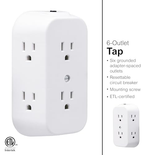 GE 6-Outlet Extender, 2 Pack, Grounded Wall Tap, 3-Prong