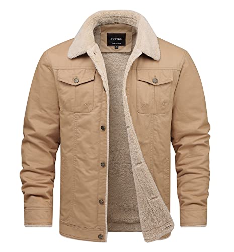 Men's Winter Sherpa Lined Fleece Military Cargo Jacket Cotton Outerwear Jacket Coat - color: Khaki, size: Large