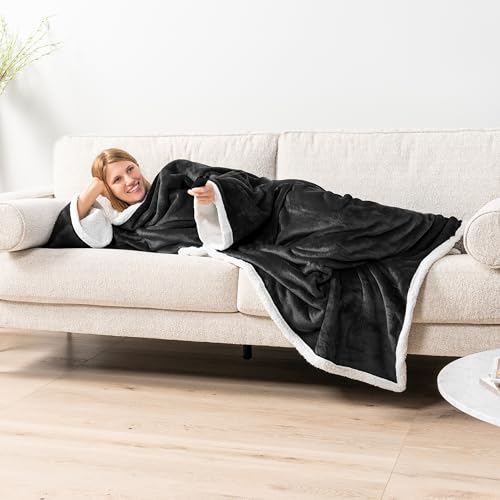 PAVILIA Sherpa Wearable Blanket with Sleeves and Pocket, Plush Thick Cozy Body Blanket Wrap for Adult Women Men, Christmas Gift for Wife Mom, Black - color: Black