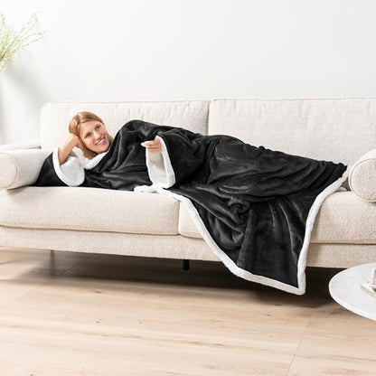 PAVILIA Sherpa Wearable Blanket with Sleeves and Pocket, Plush Thick Cozy Body Blanket Wrap for Adult Women Men, Christmas Gift for Wife Mom, Black - color: Black