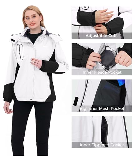 wantdo Women Hardshell Waterproof Windproof Insulated Ski Trekking Jacket - color: White & Black, size: Medium