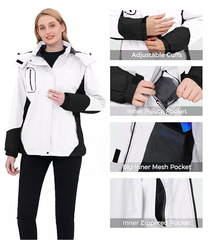 wantdo Women Hardshell Waterproof Windproof Insulated Ski Trekking Jacket - color: White & Black, size: Medium