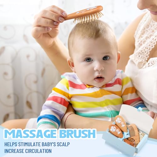 Teenyyou Baby Hair Brush Set for Newborns Wooden Baby Brush and Comb Set Soft Goat Hair Bristles with Gift Box for Cradle Cap Newborn Grooming Kit for Boys & Girls Toddlers Shower Registries Gift
