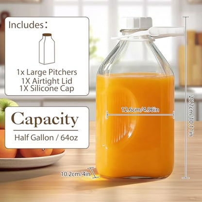 CUCUMI 1 Pack 64 Oz Glass Milk Bottle with Lid | 2 Qt /0.5 Gal Glass Juice Bottles for Almond Milk, Oat/Nut Milk with Exact Scale Lines Handle Extra 1 Silicone Dispenser Cap - color: 1pc-64oz