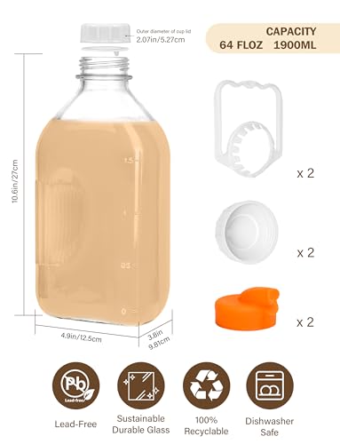 KMIGRUAN 64oz Glass Milk Bottle with Lid, 2Pack Heavy Duty Glass Water Jugs | 2Qt Storage Bottles with Scale Marks, 2 Pour Spouts & Airtight Lids for Milk, Juice, Water, Refrigerator Storage & Daily Use - style: 2Pack